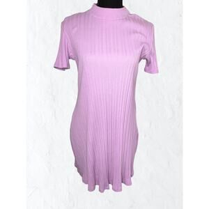Zara Ribbed Short Sleeve Dress Womens Size M Purple Mock Neck Fit and Flare